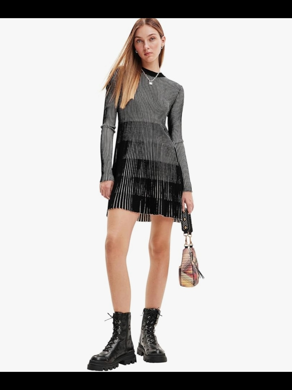 Desigual Venice Pleated Stripe Knit Midi Dress – Black White Size small